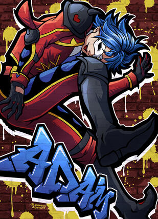 A graffiti-style illustration of Adam from Sk8 the Infinity, leaping over text of his name.