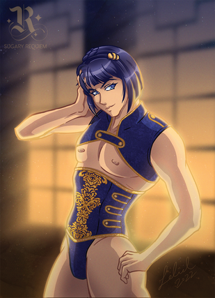 Bruno Bucciarrati backlit byt afternoon sun in a window, wearing a blue and gold underbust corset leaning back with his hand on his hip and one hand in his hair.