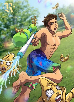Guido Mista running through a park in swim trunks, engaged in a watergun fight with the Sex Pistols. He's holding a super soaker style gun and squirting Number 1 while Number 5 flees.