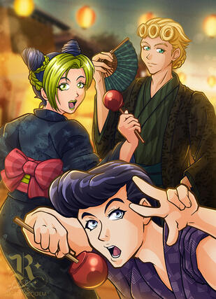 Josuke, Jolyne, and Giorno wearing Yukata pose for a photo in front of glowing street stalls at dusk.