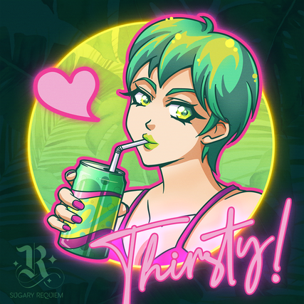 Head and shoulders illustration of Foo Fighters in a pink bikin drinking from a soda can. Cursive text reads "Thirsty!"