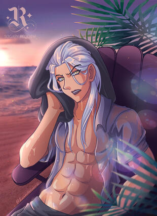 Abbacchio, wet from recently swimming, lying back in a chair using a towel over his head to dry off. His transparent wet shirt is open, showing his abs.