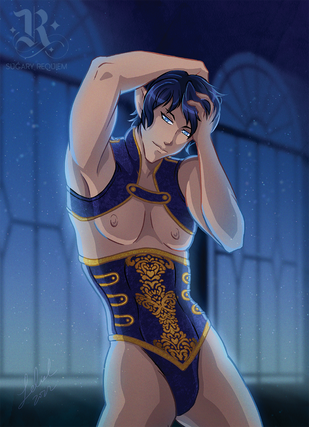 Aymeric de Borel backlit by moonlight through windows, wearing a blue and gold underbust corset. He's leaning back with one hand in his hair and his other arm folded over head.